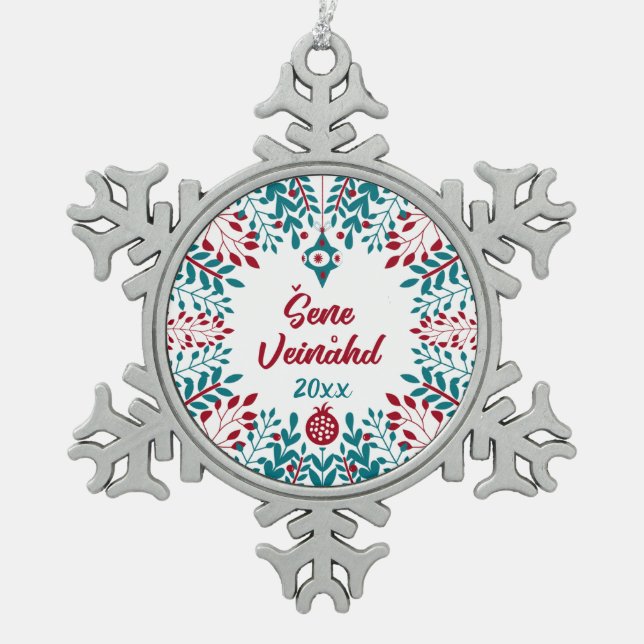 Šene Veinåhd, bayerischer Boarisch Weihnachtsgruß Schneeflocken Zinn-Ornament (Vorderseite)