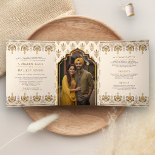 Senf-Ikat-Alles-in-Einem-Anand-Karaj-Sikh-Hochzeit Dreifach Gefaltete Einladung