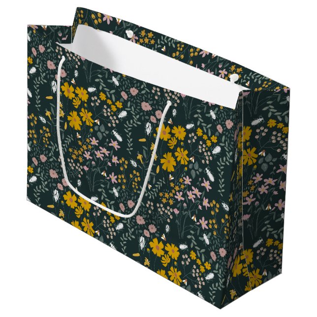 Senf Käfer und Bienen Bohemische Wildblumen Große Geschenktüte (Vorderseite Schrägansicht)