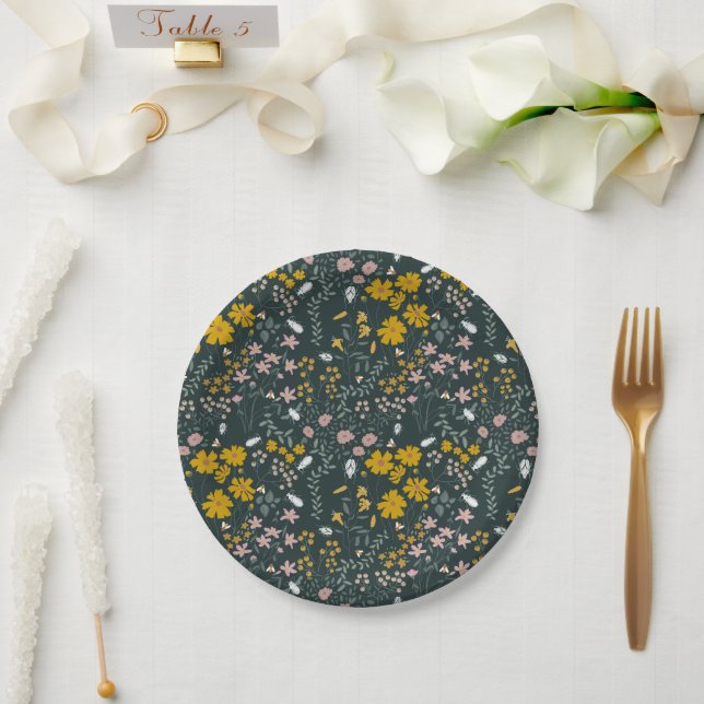 Senf Käfer und Bienen Bohemische Wildblumen Pappteller (Hochzeit)
