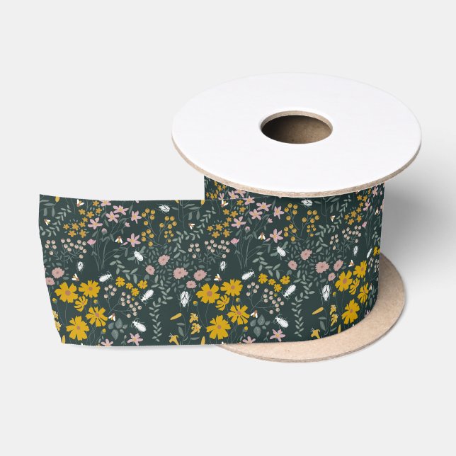 Senf Käfer und Bienen Bohemische Wildblumen Satinband (Spule)