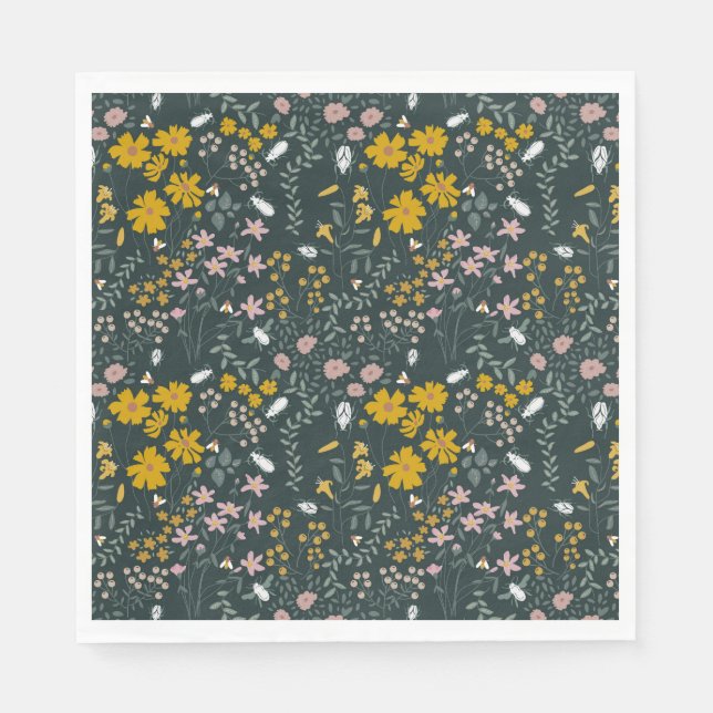 Senf Käfer und Bienen Bohemische Wildblumen Serviette (Vorderseite)