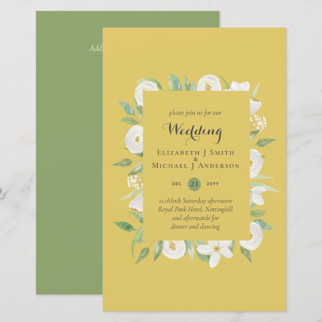 Senf Olive Magnolia Budget Hochzeit Einladung A9 (Vorne/Hinten)