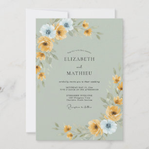 Senfblaue Ranunculus-Eukalyptus-Hochzeit Einladung