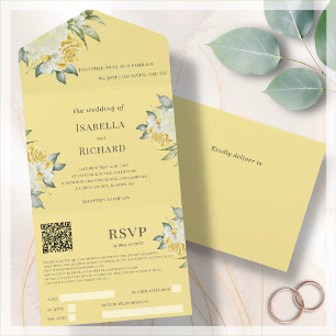 Senfgelb floral   Hochzeits-QR-Code RSVP All In One Einladung