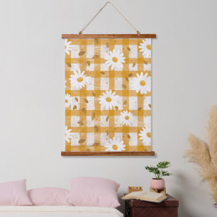 Senfgelb Gänseblümchen Creme Farmhouse Gingham Wandteppich Mit Holzrahmen