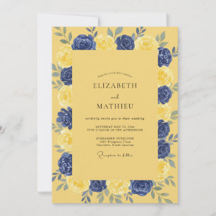 Senfgelb Indigo Blütenblatt Hochzeit Einladung