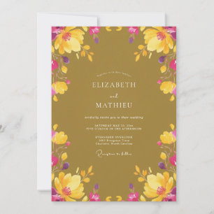 Senfgelb-Magenta-Wildblumen-Hochzeit Einladung