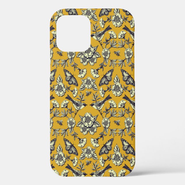 Senfgelb und Navy Vögel, Schmetterlinge und Blume Case-Mate iPhone Hülle (Rückseite)