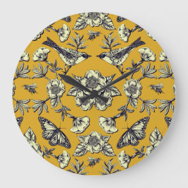 Senfgelb und Navy Vögel, Schmetterlinge und Blume Große Wanduhr