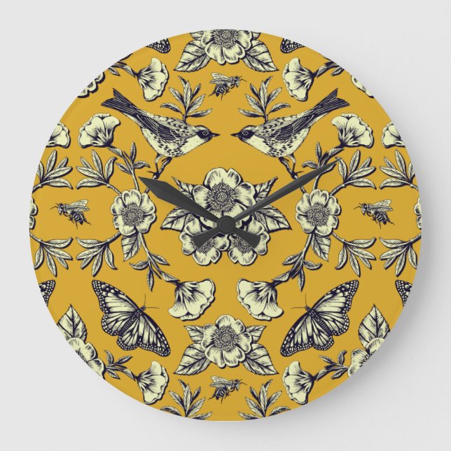 Senfgelb und Navy Vögel, Schmetterlinge und Blume Große Wanduhr (Vorderseite)