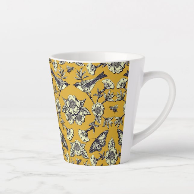 Senfgelb und Navy Vögel, Schmetterlinge und Blume Milchtasse (Rechts)