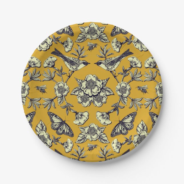 Senfgelb und Navy Vögel, Schmetterlinge und Blume Pappteller (Vorderseite)