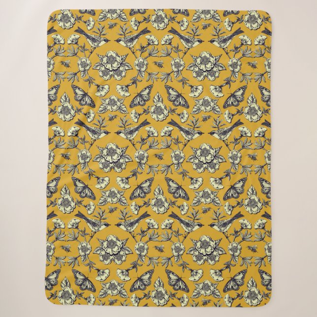 Senfgelb und Navy Vögel, Schmetterlinge und Blume Sherpadecke (Vorderseite)