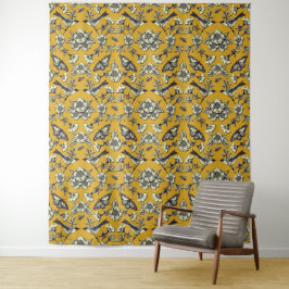 Senfgelb und Navy Vögel, Schmetterlinge und Blume Wandteppich