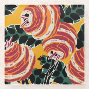 Senfgelb und Orange Art Deco Floral Dekor Glasuntersetzer