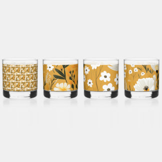 Senfgelb und weiße botanische Blumenmuster Whiskyglas