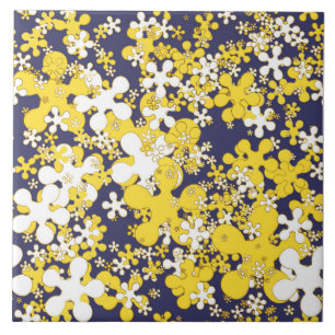 Senfgelb, weiß, gold, Marineblau, Blume Fliese