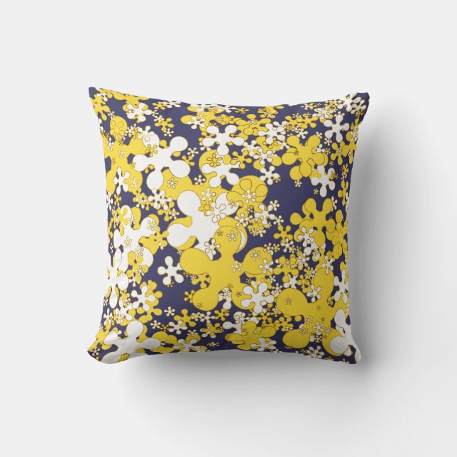 Senfgelb, weiß, gold, marineblauu, Blume Kissen (Vorderseite)