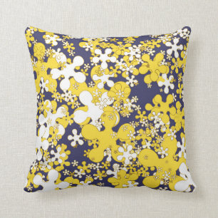 Senfgelb, weiß, gold, marineblauu, Blume Kissen