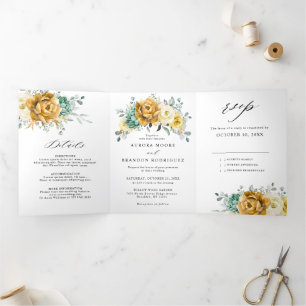 Senfgelbe Florale Salbei-Grün-Moderne Hochzeit Dreifach Gefaltete Ankündigung