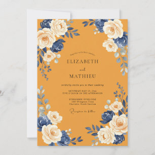 Senfgelbe Navy-Rosen-Hochzeit Einladung