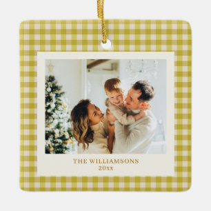 Senfgelbes Gingham-Familienfoto personalisiert Keramikornament