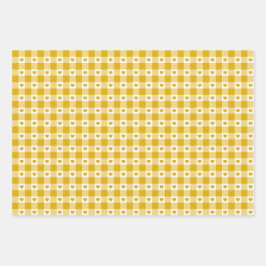Senfgelbes Herz Karo Gingham Retro Farbe Geschenkpapier Set