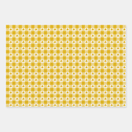 Senfgelbes Karo-Schamrock-Kleeblatt Retro-Farbe Geschenkpapier Set