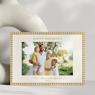 Senfgold-Gingham-Karo-Familien-Fotorahmen Feiertagskarte