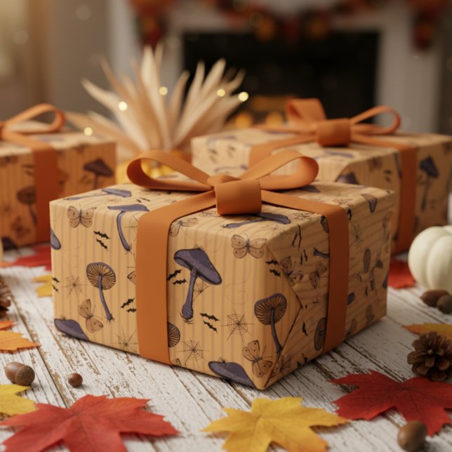 Senfmehl und Schmetterling Geschenkpapier (Burnt Orang Fall Striped Autumn Birthday, Halloween Wrapping Paper. Mushrooms, Butterflies, Bats)