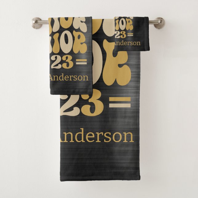 SENIOR 2023 SCHWARZ & GOLD GLITZER TROPFEN CUSTOM BADHANDTUCH SET (Insitu)