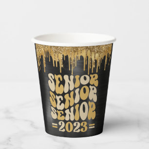 SENIOR 2023 SCHWARZ & GOLD GLITZER TROPFEN CUSTOM PAPPBECHER