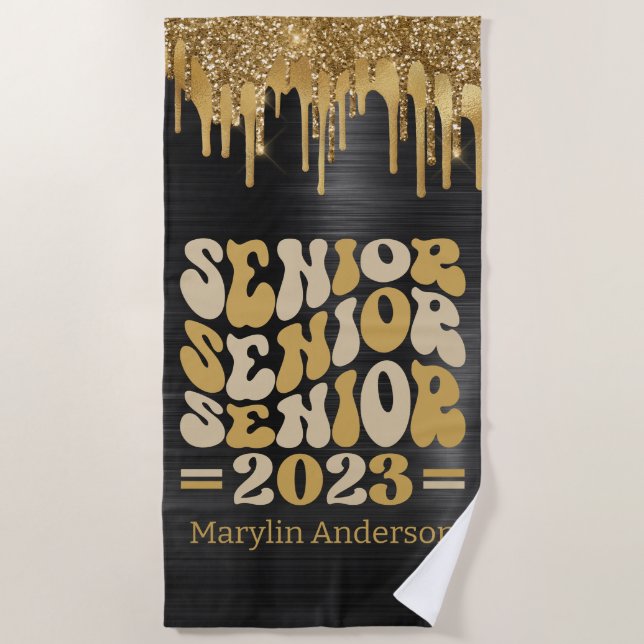 SENIOR 2023 SCHWARZ & GOLD GLITZER TROPFEN CUSTOM STRANDTUCH (Vorderseite)