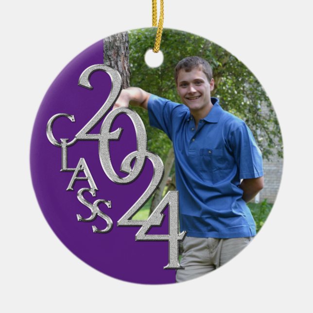 Senior 2024 Lila und Silver Graduate Foto Keramikornament (Vorne)