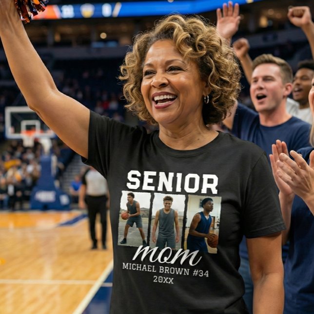 Senior Mom Basketball Photo Collage Custom Name T-Shirt (Von Creator hochgeladen)