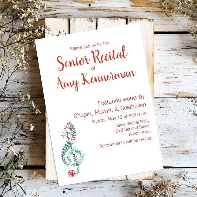 Senior Music Erwägungsgrund Einladung (Custom senior recital invitation with a watercolor floral treble clef.)