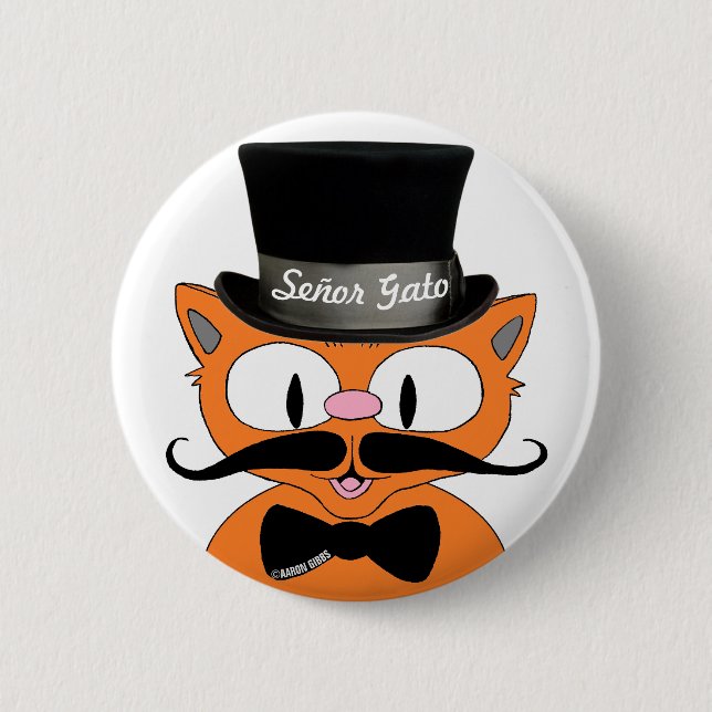 Señor Gato™ Mustache Top Hat und Bow Krawatte Cat Button (Vorderseite)