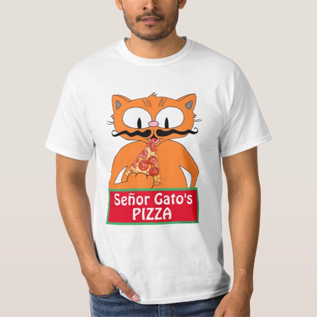 Señor Gato's Pizza-Cartoon Mustache Cat Funny T-Shirt (Vorderseite)