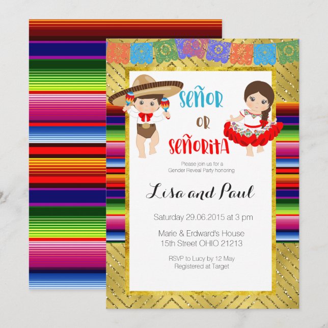 Señor Or Señorita Genre révéler invitation Fiesta (Devant / Derrière)