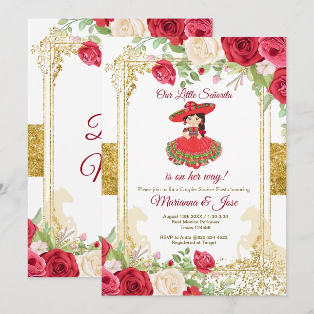 Senorita Rote Rosen Fiesta Couple Dusche Einladung (Vorne/Hinten)