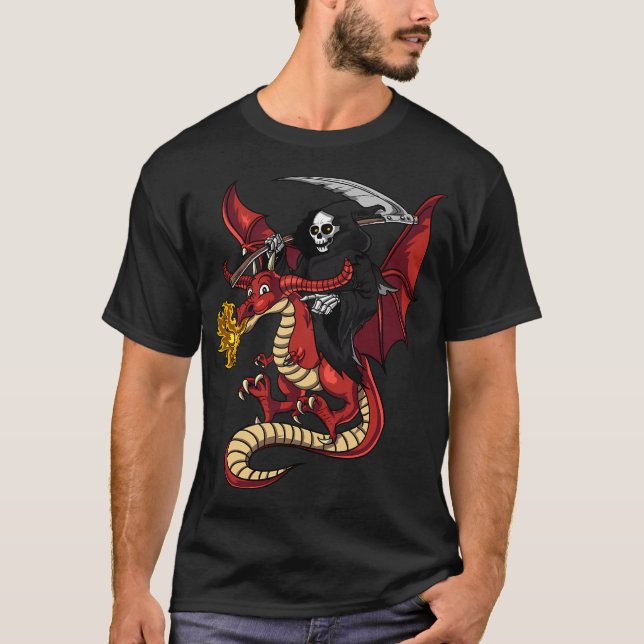 Sensenmann auf Drachen reitend T-Shirt (Vorderseite)