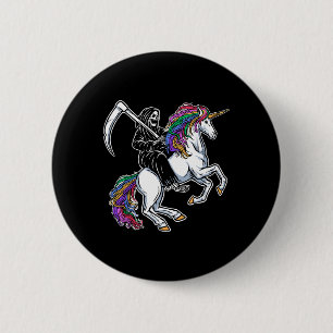 Sensenmann auf Einhorn Regenbogen Skelett Hallowee Button