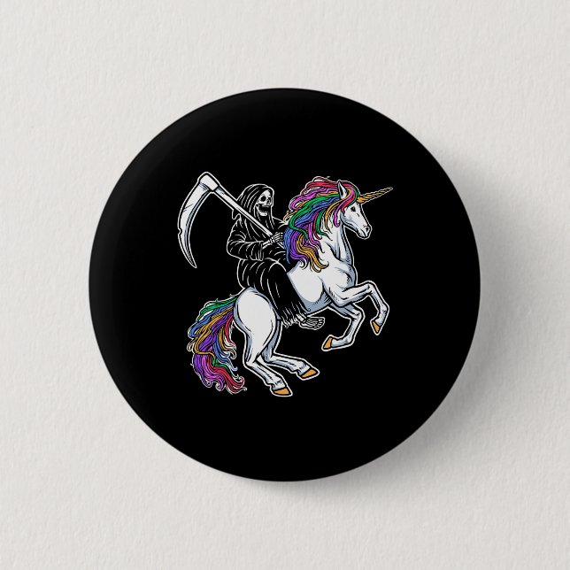 Sensenmann auf Einhorn Regenbogen Skelett Hallowee Button (Vorderseite)