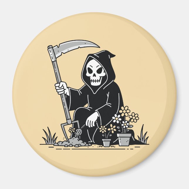 Sensenmann beim Gärtnern von Blumen Magnet (Vorne)