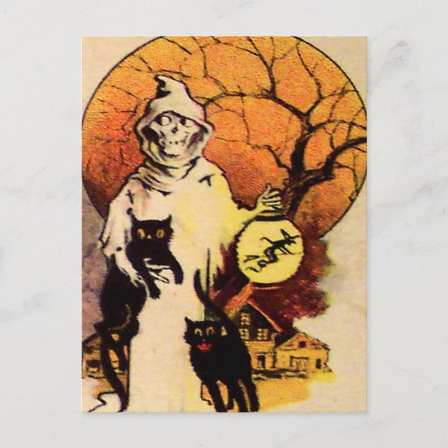 Sensenmann Black Cat (Vintage Halloween-Karte) Postkarte (Vorderseite)