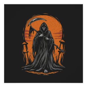 Sensenmann-Cartoon auf einem Friedhof bei Sonnenun Poster