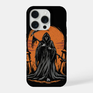 Sensenmann-Cartoon auf Friedhof bei Sonnenuntergan iPhone 15 Pro Hülle
