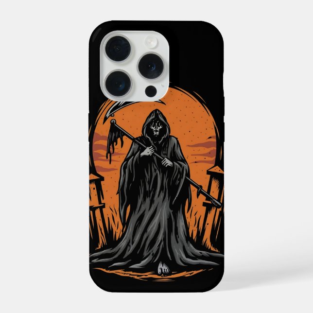 Sensenmann-Cartoon auf Friedhof bei Sonnenuntergan iPhone 15 Pro Hülle (Rückseite)
