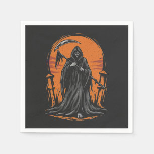 Sensenmann-Cartoon auf Friedhof bei Sonnenuntergan Serviette